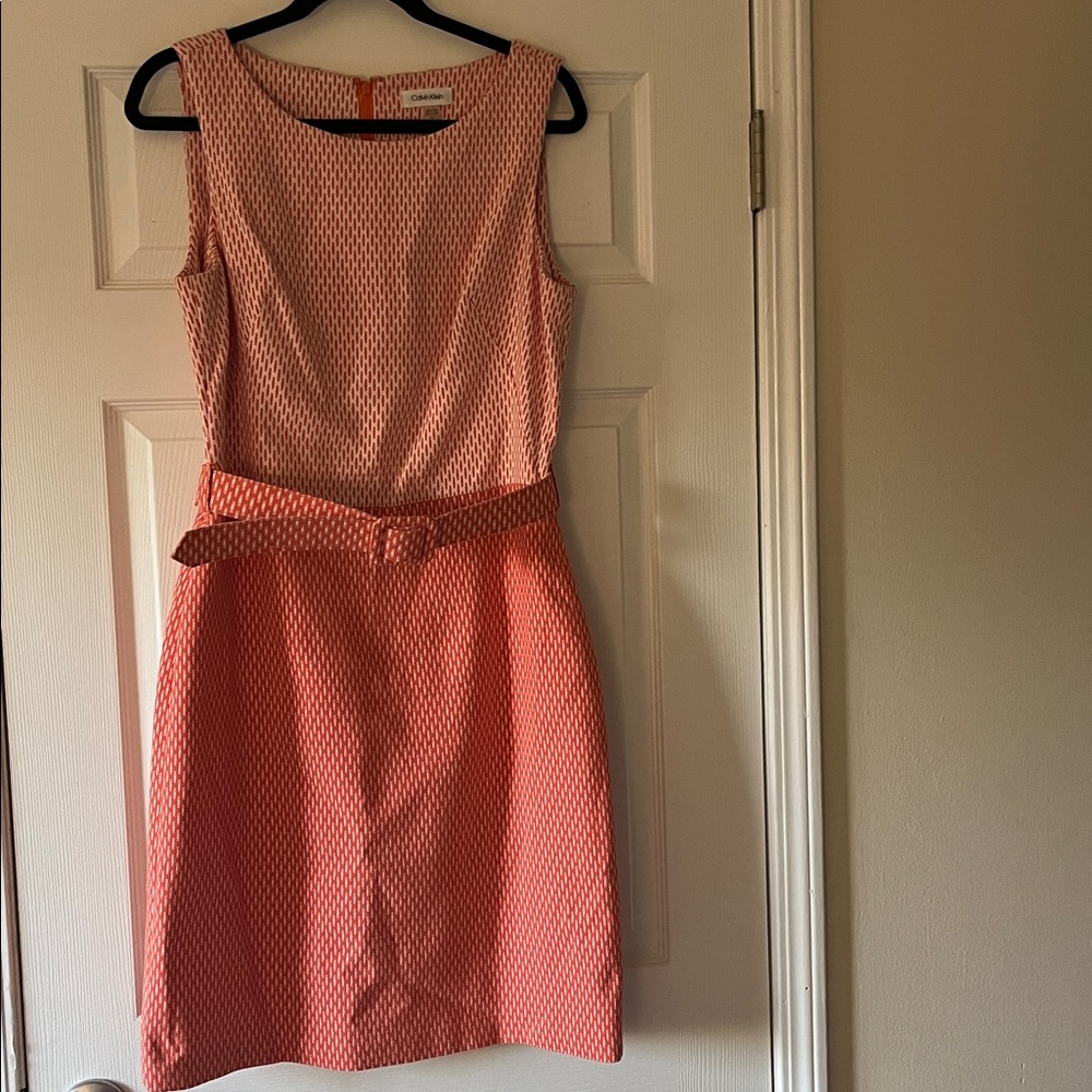 Calvin Klein Pink and White Patterned Midi Dress Size 12